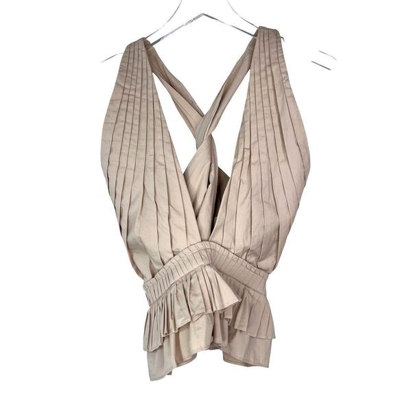 Ramy Brook Grace Cutout Halter Top Flax Tan Ruffles Pleated Twisted 0 NEW - Picture 2 of 7